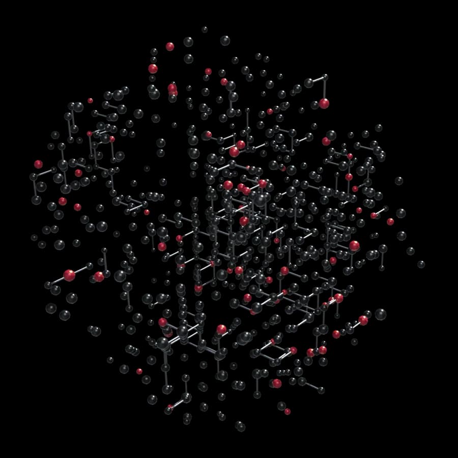 An organised lattice of many small nodes, some linked and some standalone, a few picked out in burgundy: a structured field of what the business knows.